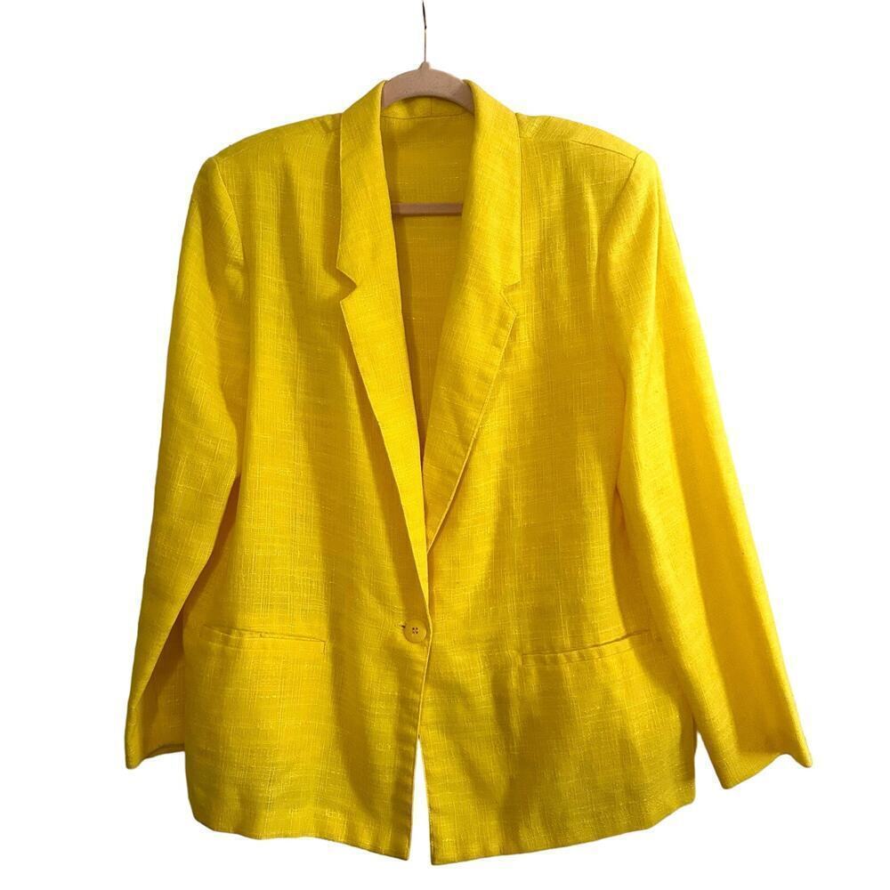 Vintage WORTHINGTON Yellow Linen 80s 90s Blazer Jacket Shoulder Pads Button